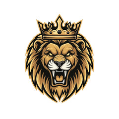 Obraz premium Roaring Lion Head with Golden Crown Vector Illustration.