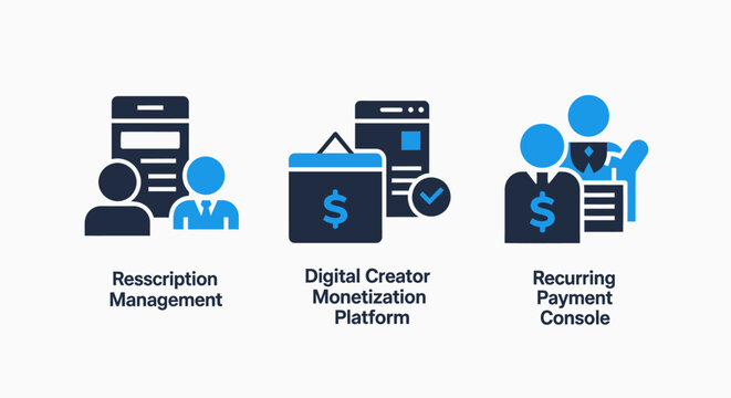 Financial technology icons for asset transaction management, digital creator monetization platform, and recurring payment console