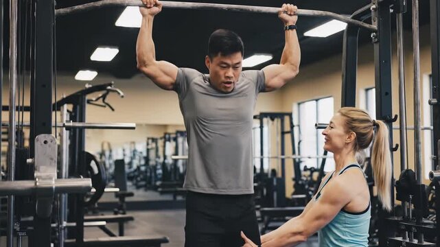 A powerful scene unfolds in a bustling gym where a focused athlete performs pull-ups under the encouragement of a supportive trainer. The atmosphere radiates motivation and teamwork.