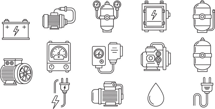 Industrial equipment and electrical pump icon set line style motor gauge tank power vector collection editable outline design