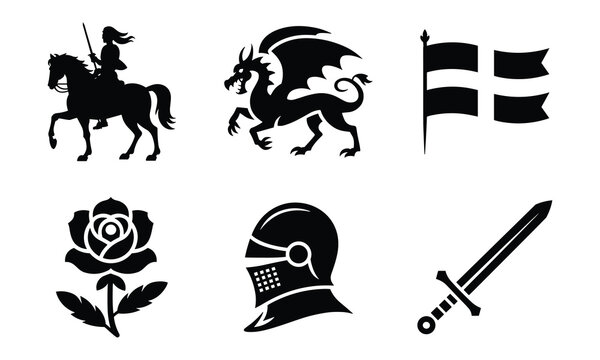 Medieval symbols including knight on horse dragon flag rose helmet sword
