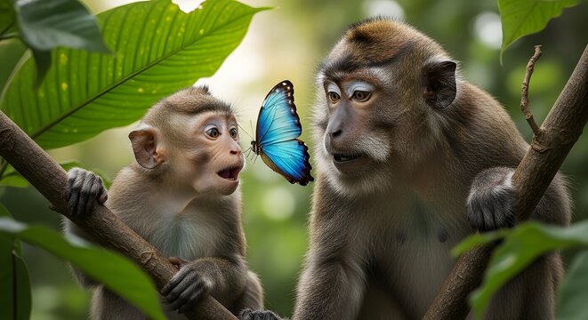 A fascinating encounter A small butterfly visits two monkeys perched on a tree branch, creating a moment of shared curiosity in nature