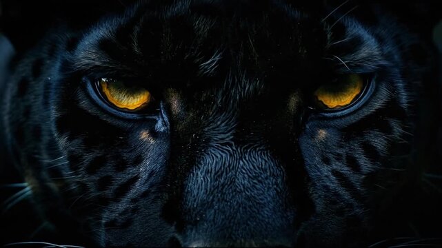 Close-up of a panther's face, highlighting its fur texture and piercing gaze. Intense darkness