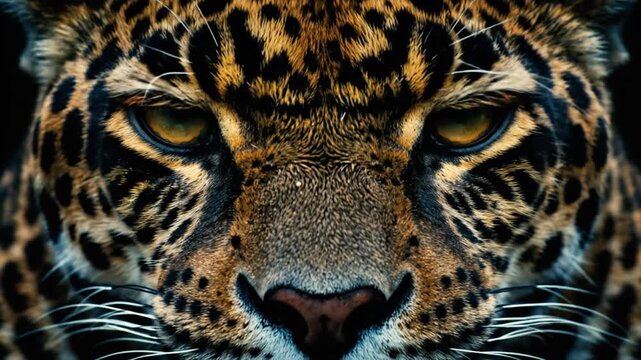 Close-up of a leopard's face, showcasing striking yellow eyes, spotted fur, and whiskers
