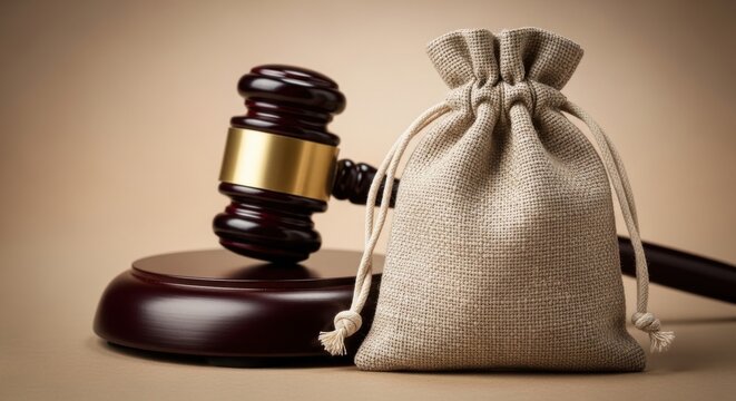 Wooden judge gavel and money bag on beige background, legal compensation and settlement concept, justice system financial penalty and court fees