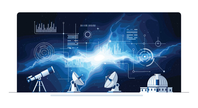 A telescope and satellite dishes are positioned against a dark blue cosmic background filled with glowing data charts and intricate astronomical diagrams.