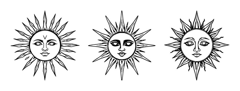 Celestial sun face set with black line art on white background featuring celestial, sun, face with black and white and illustration