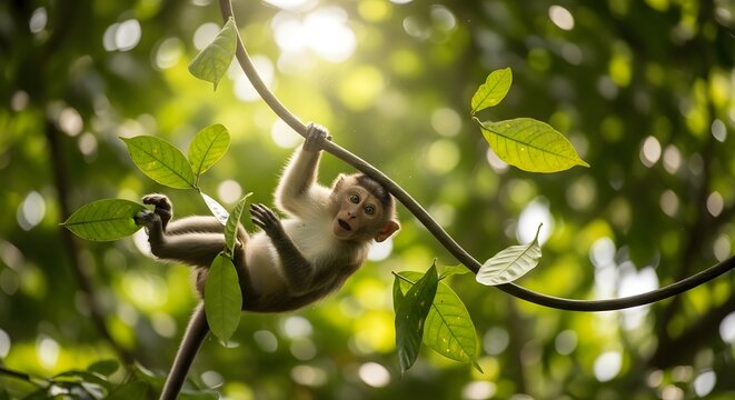A young macaque monkey hangs playfully from a vine in a lush, sun-dappled jungle canopy