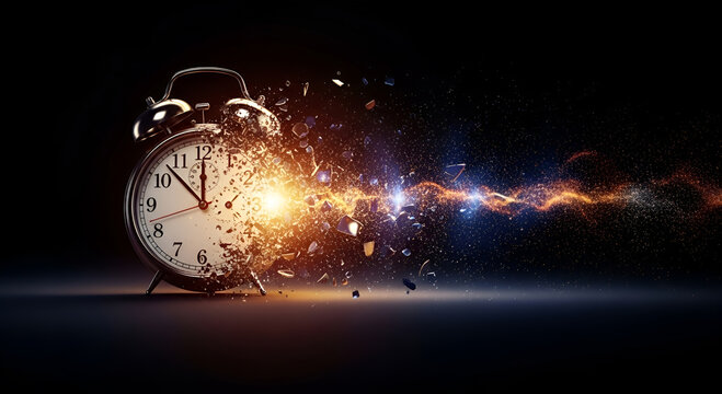 Broken alarm clock exploding with sparks on dark background symbolizing time pressure, chaos, and urgency.