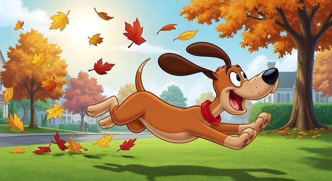 Happy cartoon dog running through autumn leaves on a suburban street