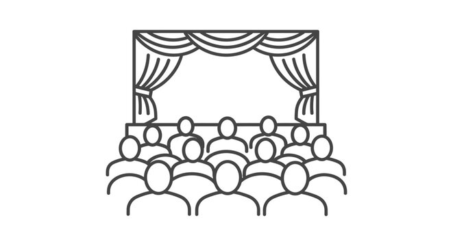 a linear icon of an audience watching a stage with classic curtains perfect for illustrating theater performances or event presentations
