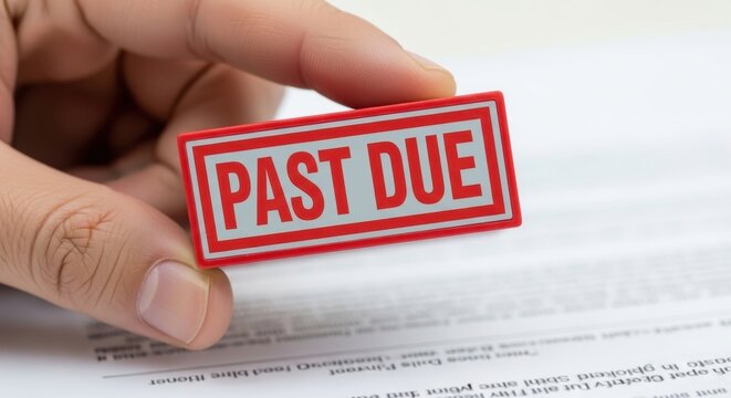 Past due red stamp held by hand over financial document, overdue payment notice for business debt, unpaid invoice and credit collection concept