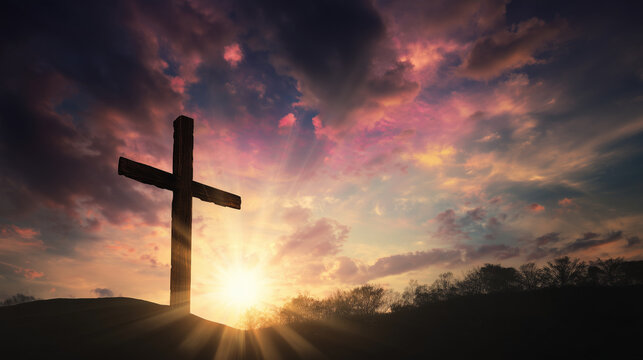 Christian Cross at Sunset, Easter Faith and Hope, Glowing Heavenly Light, Sacred Symbol, Resurrection Concept, Spiritual Background, Worship, Prayer and Religious Inspiration Chris