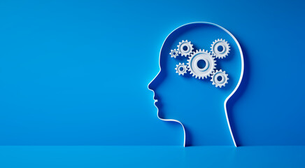 Conceptual artwork showing a 3D silhouette of a head with gear mechanics symbol against blue wall
