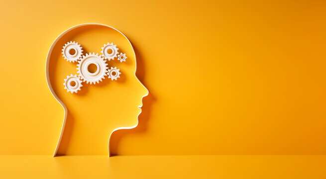 Conceptual artwork showing a 3D silhouette of a head with gear mechanics symbol against yellow wall