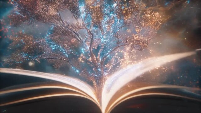 A fantastical open book with a tree growing out, surrounded by a starry cosmic background