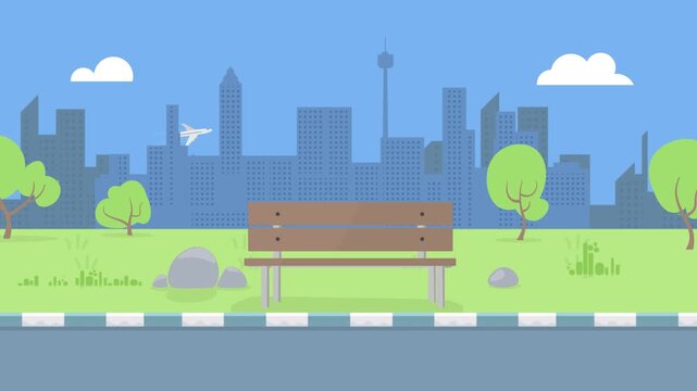 Park bench with road and city skyline curb