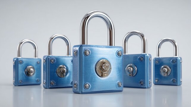 Blue padlock set, locked/unlocked 3D locks with keyhole, data security and privacy symbols 