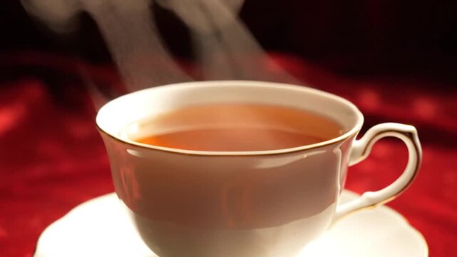 Steaming cup of tea on a saucer against a red background