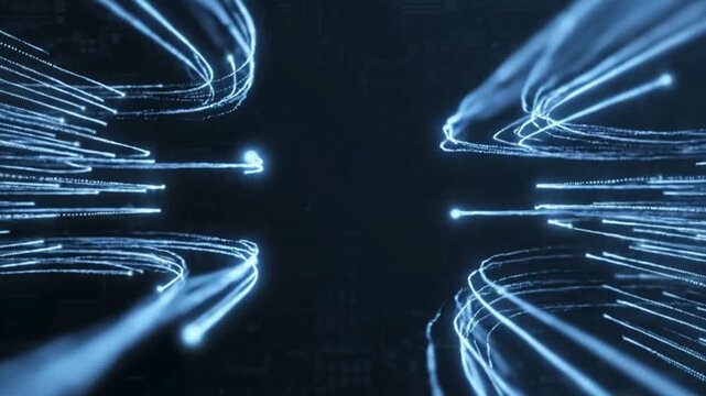 Abstract visualization of glowing blue light trails converging and diverging against a dark background.