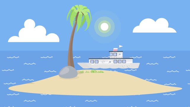 Tropical island with a palm tree and a ship sand
