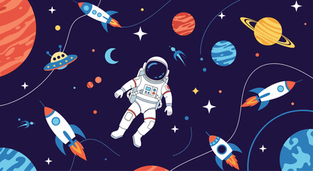 Naklejka premium Astronaut floating in deep space surrounded by rockets, planets, stars, and a flying saucer represents cosmic exploration and discovery.