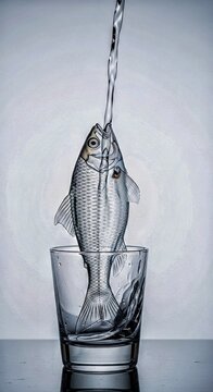 Silver Fish Levitating Above Glass Cup with Pouring Water