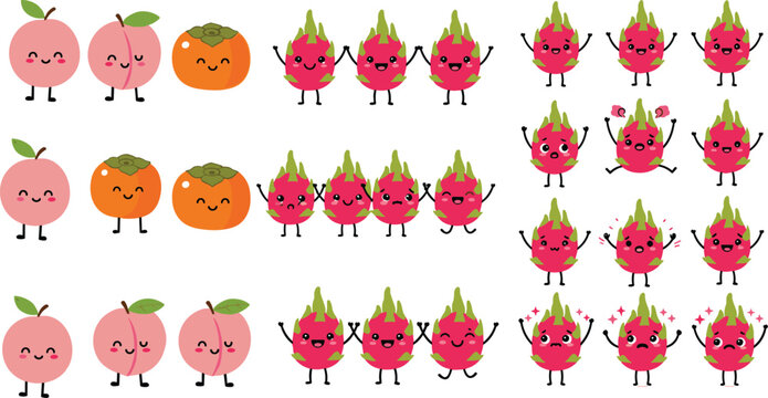 Set of 12 Kawaii Fruit Characters Including Peach, Persimmon, and Dragon Fruit with Fun and Playful Poses
