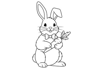 Fototapeta premium Charming black and white line art of a cute bunny rabbit wearing a bow tie and holding a carrot. Ideal for children's coloring, spring themes, or playful animal designs