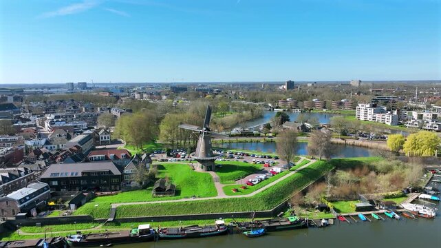 Historic fortified city Gorinchem with riverside waterfront in the Netherlands