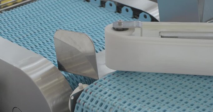 Sorting line is in operation, plastic mesh conveyor belts moving in different directions. Close-up handheld indoors shot, real time speed.