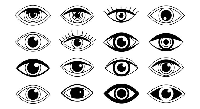 Collection of Black and White Eye Icons with Various Styles on Isolated White Background