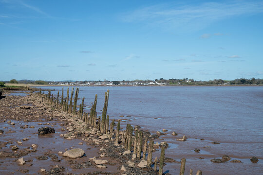 The Exe estuary looking towards Lympstone and Topsham in Devon. The Royal marines traing base can be seen on the far side of the estuary. 