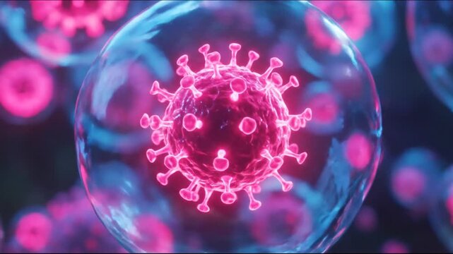 Microscopic view of a viral pathogen cell inside of a protective bubble