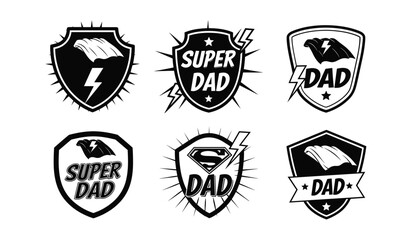 Six black and white superhero inspired badges featuring lightning bolts and shields with text © AIGen Studio