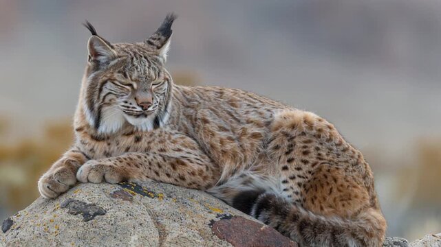 A majestic lynx rests on a rocky surface, its patterned coat blending with the environment