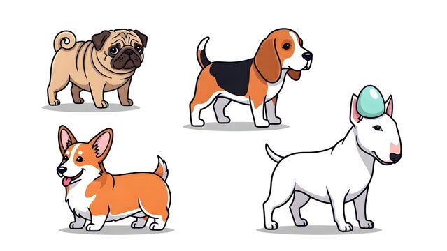Cute cartoon dogs, including a pug, beagle, corgi, and bull terrier, displayed against a white background