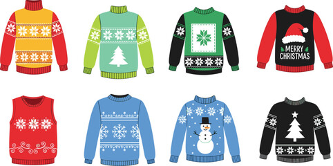 Ugly Christmas sweaters vector set featuring festive winter pullovers with snowflakes, reindeer and holiday patterns isolated on white background for seasonal fashion design © MdMostafijur