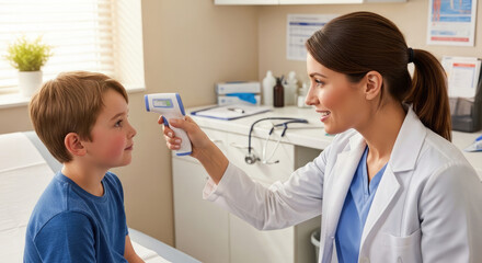 Fototapeta premium A female doctor examining a young boy's ear with an otoscope in a clinical setting
