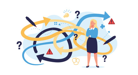 Fototapeta premium Professional woman standing thoughtfully amidst a chaotic tangle of arrows and question marks representing complex decision making.