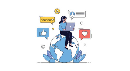 Naklejka premium Customer support representative sitting on top of the world using a laptop surrounded by rating stars and social media feedback icons.