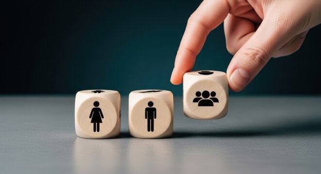 Hand placing a gender neutral icon on wooden dice among male and female symbols