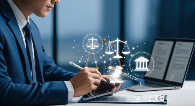 Legal advice business concept, lawyer consulting on business rules labor law and corporate regulations represented by attorney at law using virtual screen icons of justice law and policy compliance