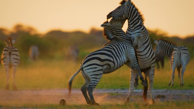 Slow motion footage of two zebras fighting with each other in Central Kalahari Game Reserve of Botswana of southern Africa.