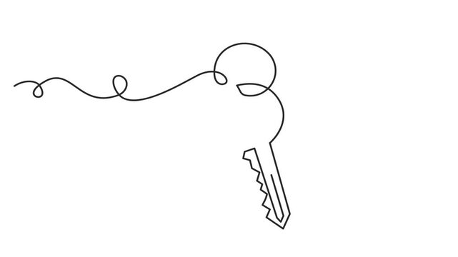 Animated self drawing of continuous line draw of symbol of house keys, Real Estate. Keychain with key ring, key and a pendant house locket.  Full length one line animation. 4K