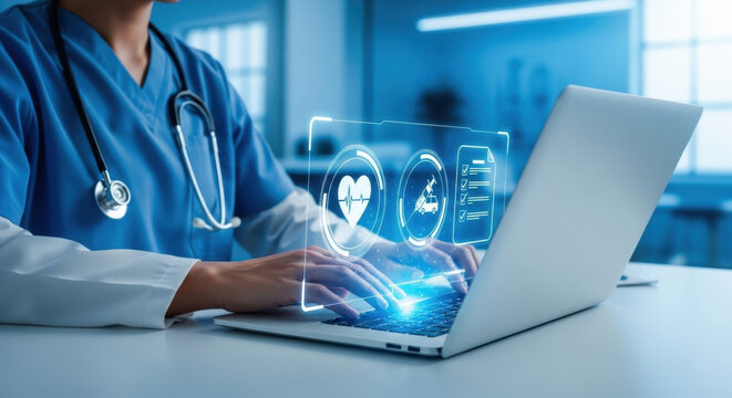 Doctors working on laptops with digital medical interface, health information system, telemedicine, electronic health records, medical technology, and modern healthcare innovation