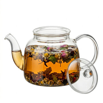 Glass teapot with herbal infusion and visible herbs inside  