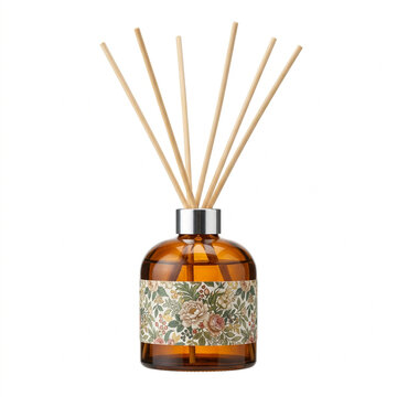 Reed diffuser glass bottle with bamboo sticks and floral design  