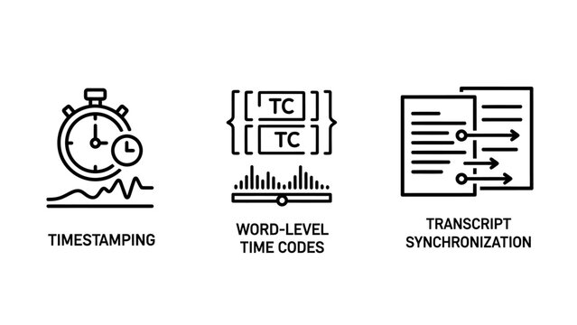 Media processing icons representing timestamping word level time codes and transcript synchronization