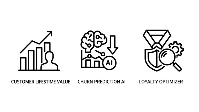Customer lifetime value churn prediction AI and loyalty optimizer icons